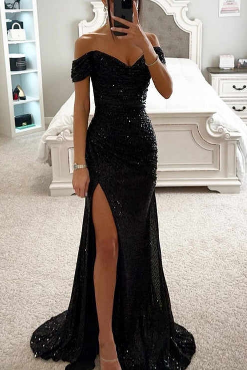 Women's Bardot Ruched Slit Maxi Sequin Dress