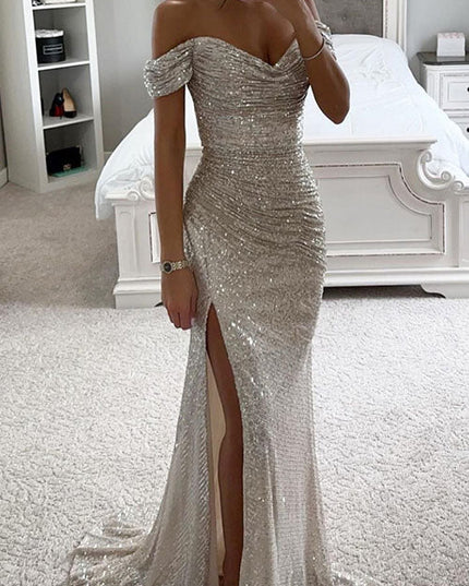 Women's Bardot Ruched Slit Maxi Sequin Dress