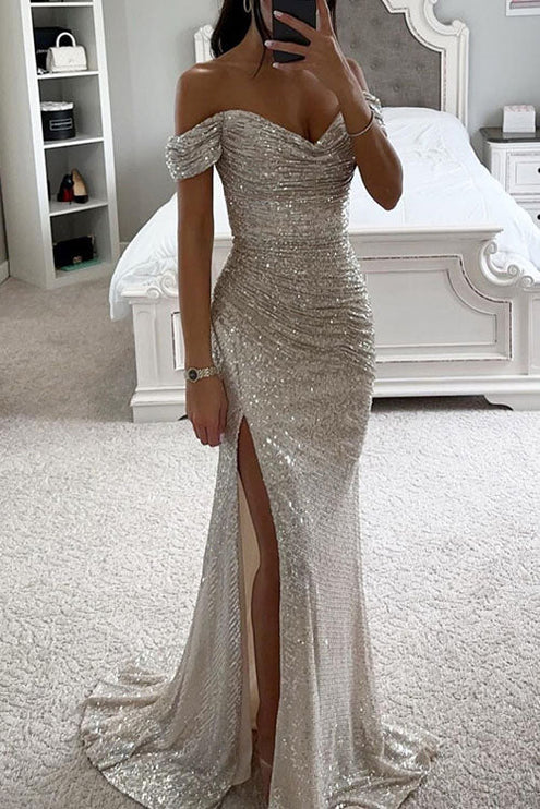 Women's Bardot Ruched Slit Maxi Sequin Dress
