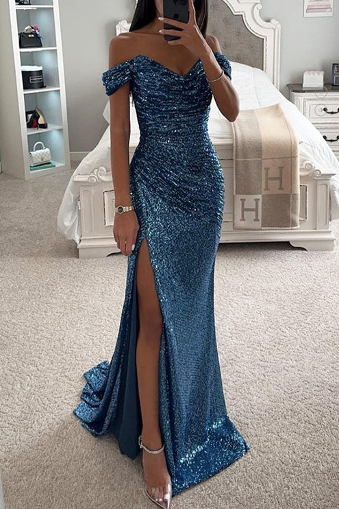 Women's Bardot Ruched Slit Maxi Sequin Dress