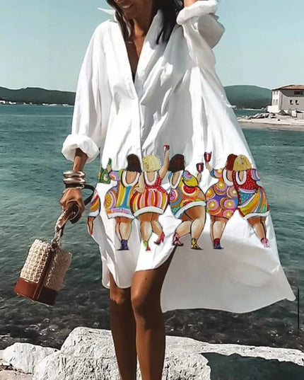 White beach mini shirt dress with colorful cartoon figure print and loose long-sleeve silhouette