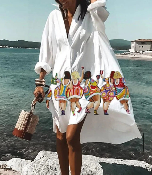 White beach mini shirt dress with colorful cartoon figure print and loose long-sleeve silhouette