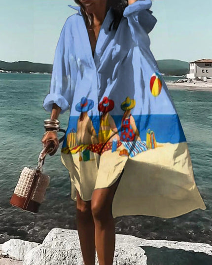 Light blue beach mini shirt dress with beach scene print, long sleeves, and flowy casual fit