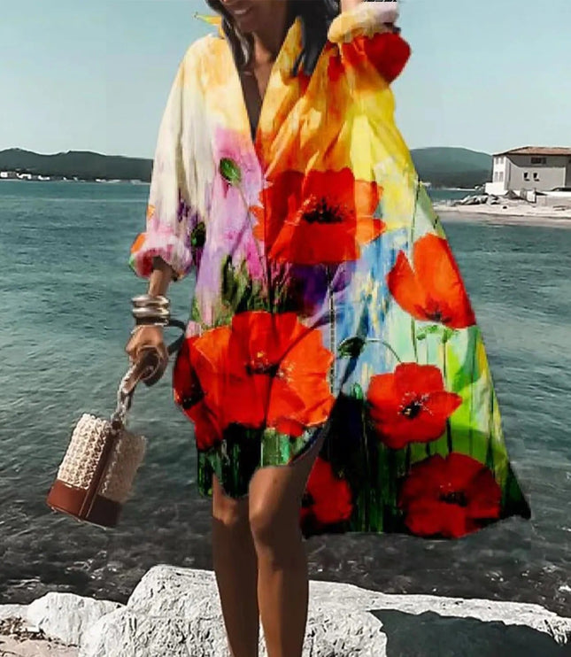 White beach mini shirt dress with large red poppy floral print and relaxed long-sleeve design
