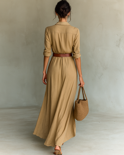 Back view of beige long sleeve maxi dress with brown belt
