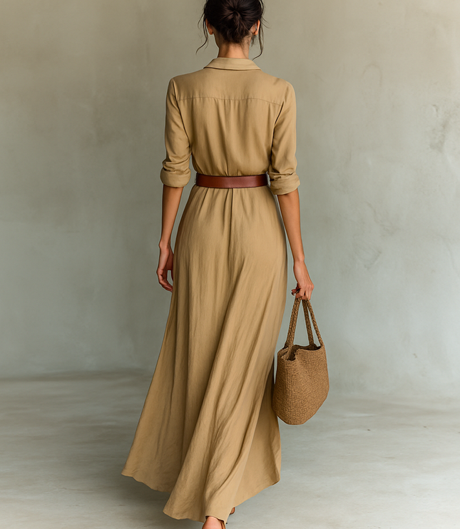 Back view of beige long sleeve maxi dress with brown belt