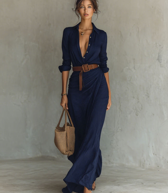 Navy blue belted lapel maxi dress with long sleeves and brown belt