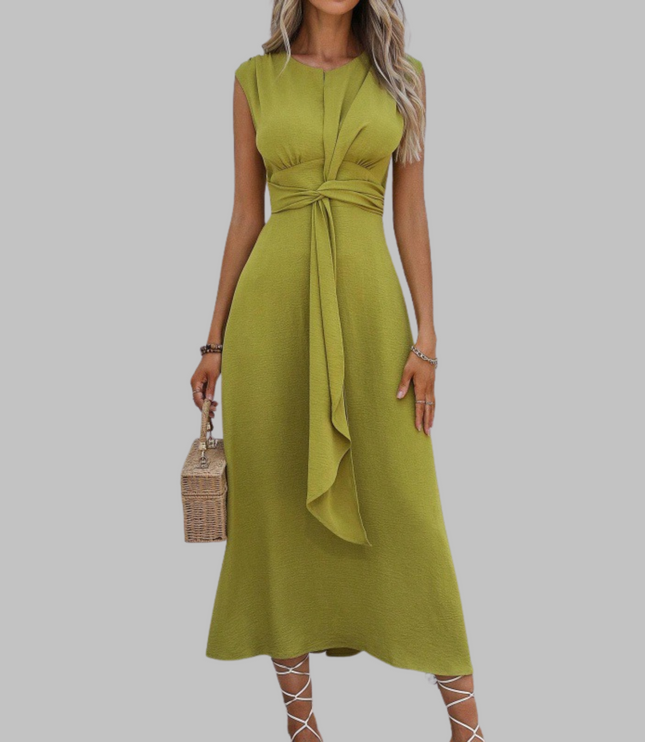 Chartreuse cap sleeve A-line midi dress with center tie belt detail