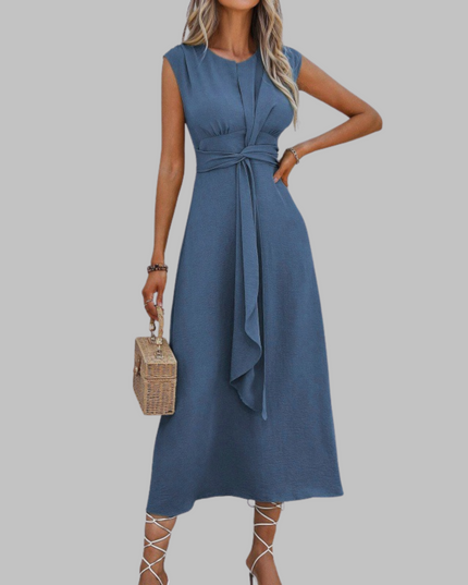 Blue sleeveless A-line midi dress with waist tie and cap shoulders