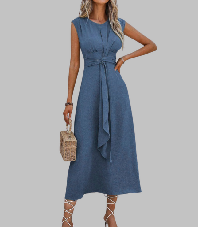 Blue sleeveless A-line midi dress with waist tie and cap shoulders