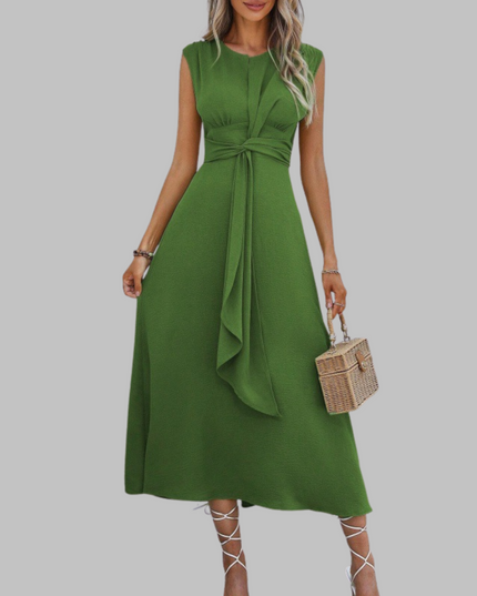 Green cap sleeve A-line midi dress with flowing tie belt front