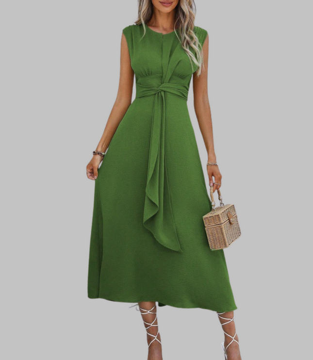 Green cap sleeve A-line midi dress with flowing tie belt front