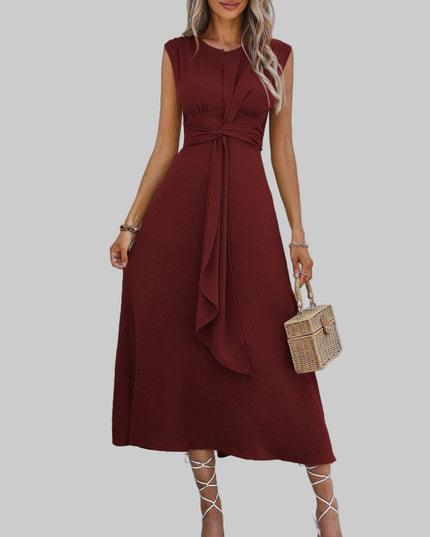 Burgundy sleeveless A-line midi dress with tied waist accent