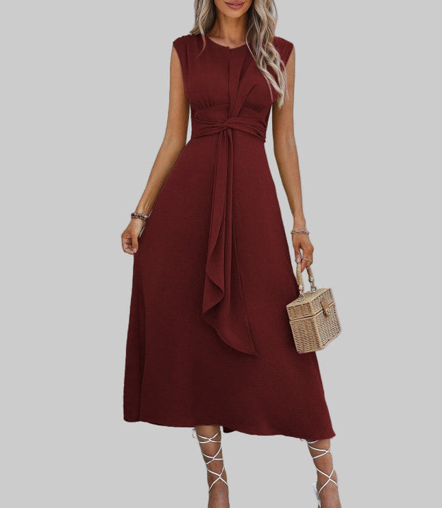 Burgundy sleeveless A-line midi dress with tied waist accent