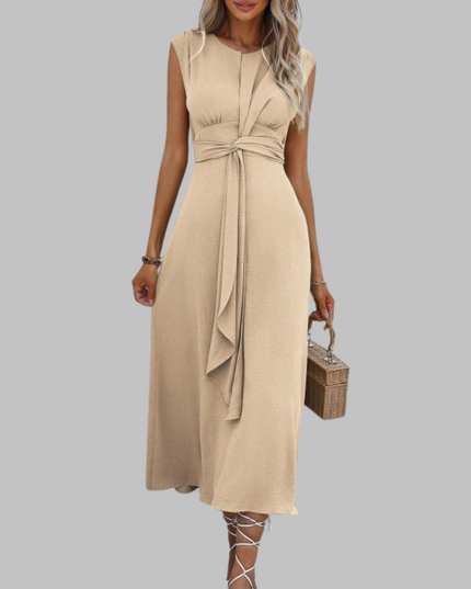 Cream cap sleeve A-line midi dress with center tie waist detail