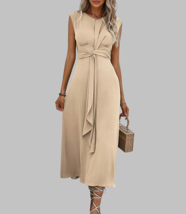 Cream cap sleeve A-line midi dress with center tie waist detail