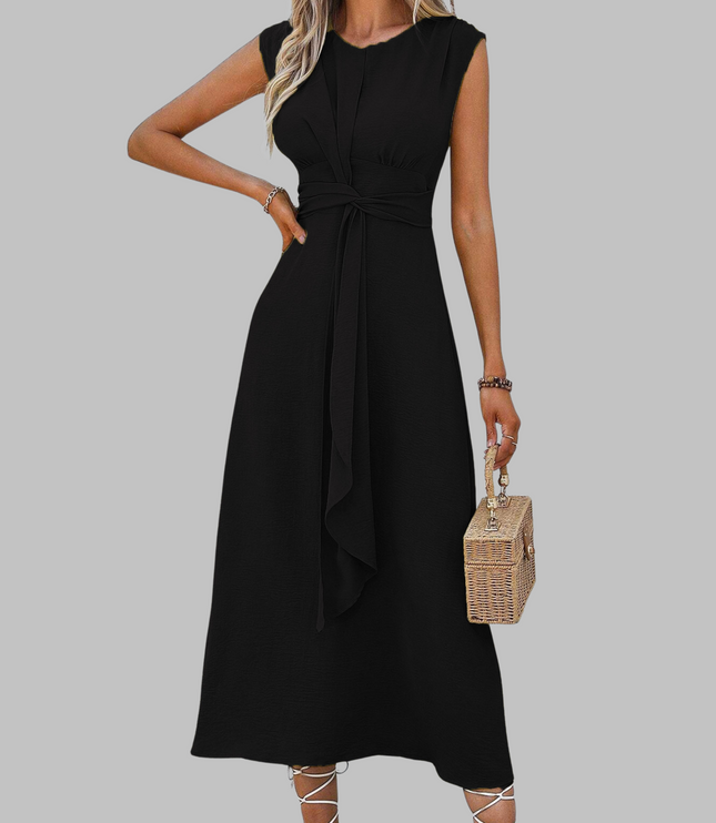 Black sleeveless A-line midi dress with knotted waist belt