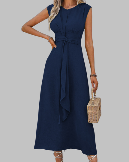 Navy cap sleeve A-line midi dress with draped tie waist