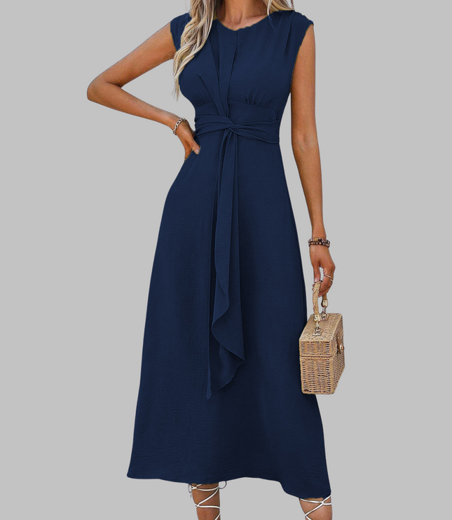 Navy cap sleeve A-line midi dress with draped tie waist
