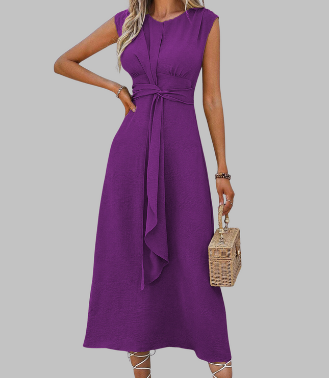 Purple sleeveless A-line midi dress with flowing waist tie accent