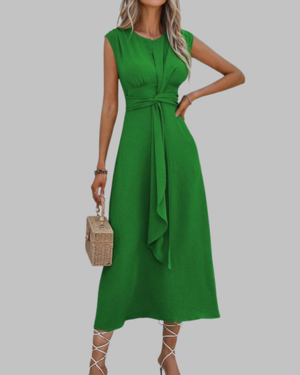 Green sleeveless A-line midi dress with tie waist belt and cap shoulders