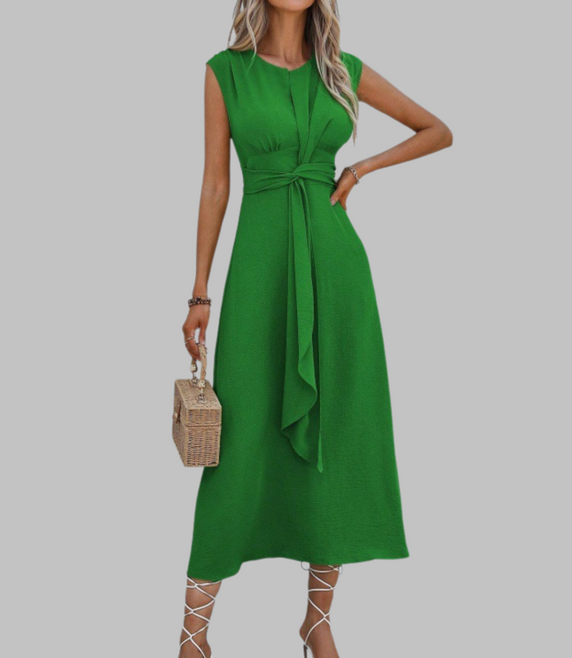 Green sleeveless A-line midi dress with tie waist belt and cap shoulders