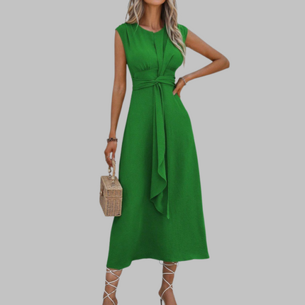 Green sleeveless A-line midi dress with tie waist belt and cap shoulders