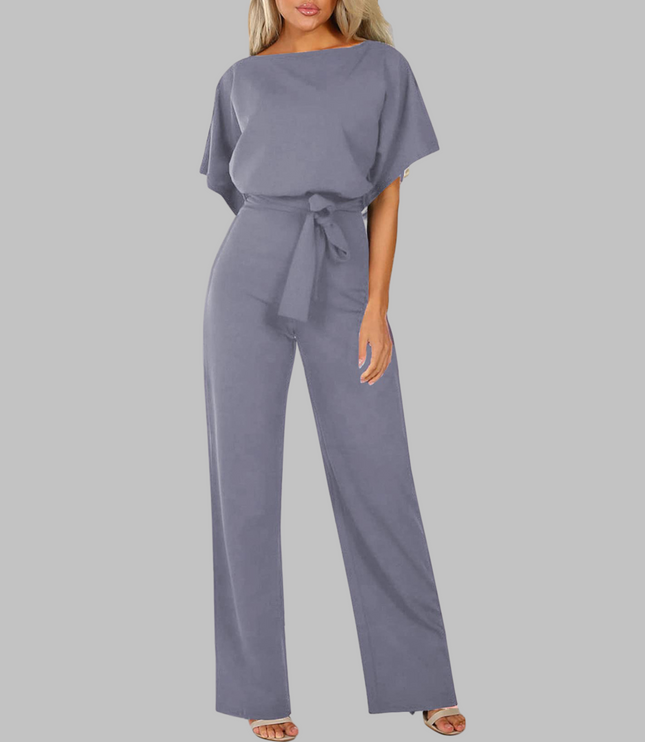 Slate blue belted wide leg jumpsuit with batwing sleeves and tie waist