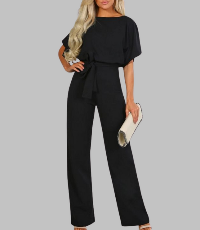 Black belted wide leg jumpsuit with batwing sleeves and tie waist