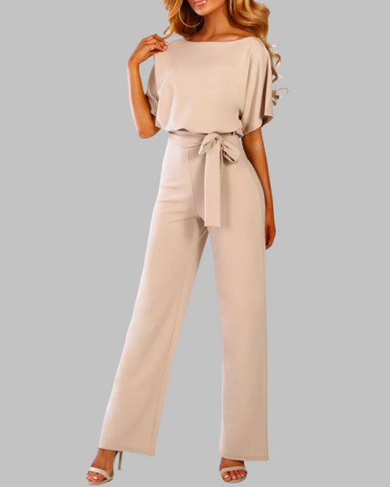 Beige belted wide leg jumpsuit with short batwing sleeves