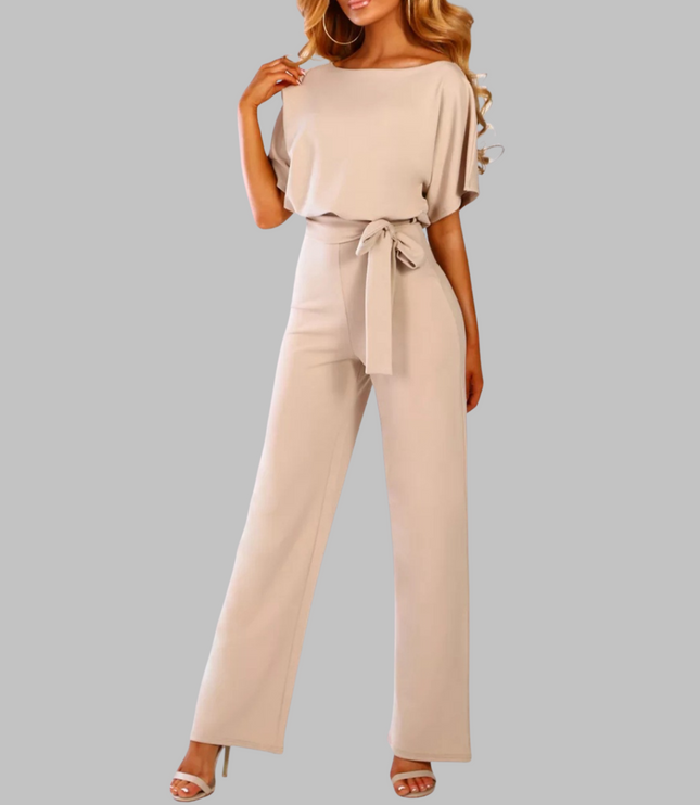 Beige belted wide leg jumpsuit with short batwing sleeves