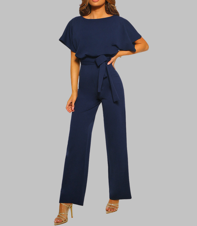 Navy blue belted wide leg jumpsuit with short batwing sleeves