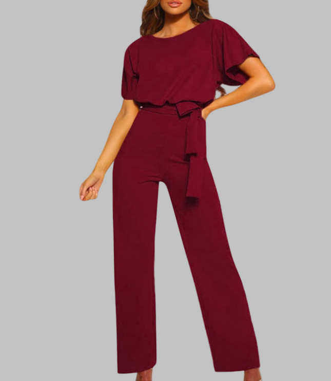 Burgundy belted wide leg jumpsuit with batwing sleeves and tie waist