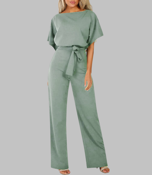 Sage green belted wide leg jumpsuit with short batwing sleeves