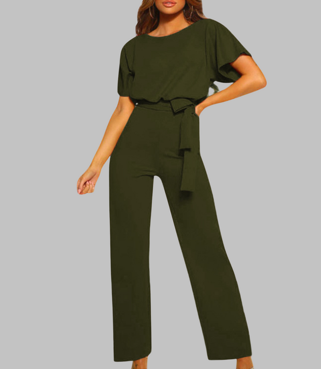 Olive green belted wide leg jumpsuit with batwing sleeves and tie belt