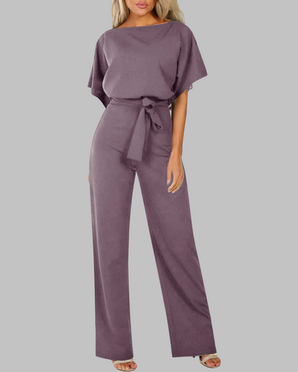 Mauve belted wide leg jumpsuit with short batwing sleeves