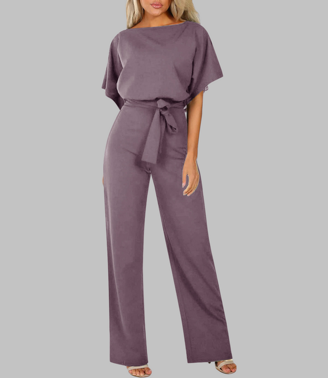 Mauve belted wide leg jumpsuit with short batwing sleeves