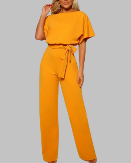 Golden yellow belted wide leg jumpsuit with short batwing sleeves
