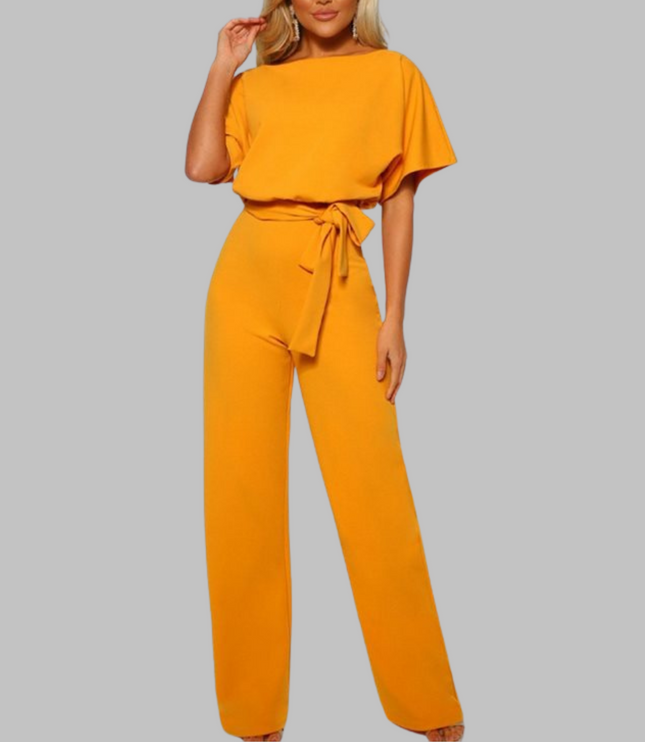 Golden yellow belted wide leg jumpsuit with short batwing sleeves