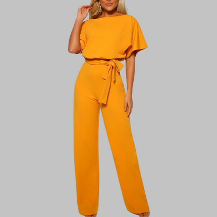 Golden yellow belted wide leg jumpsuit with short batwing sleeves