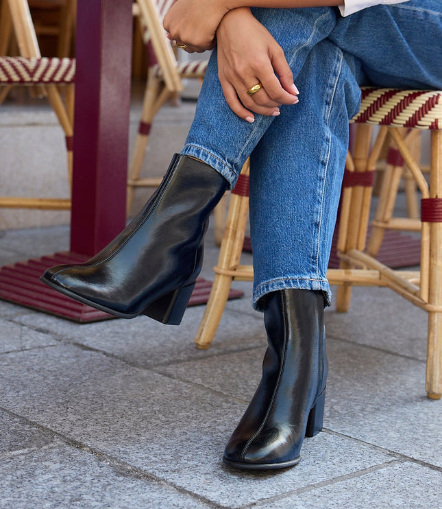Women's Black Block Heel Ankle Boots with Side Zip