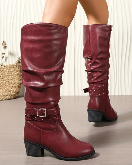 Aveline | Women's Knee High Slouch Boots with Buckle - Black - Image 10