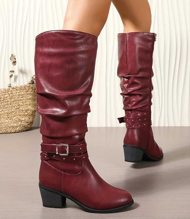Aveline | Women's Knee High Slouch Boots with Buckle - Black - Image 10
