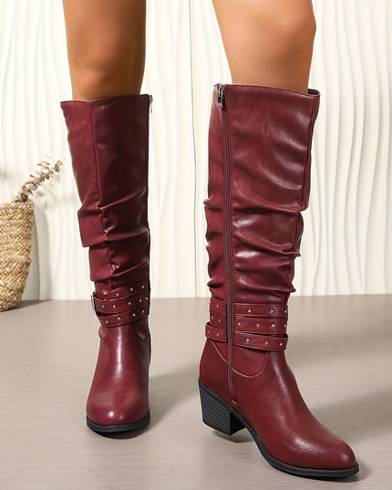 Aveline | Women's Knee High Slouch Boots with Buckle - Black - Image 11