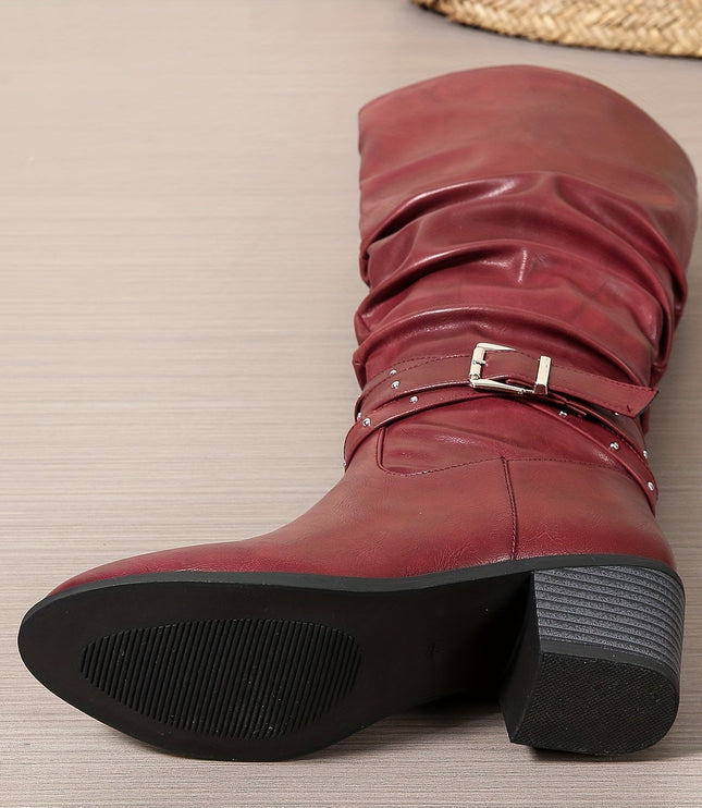 Aveline | Women's Knee High Slouch Boots with Buckle - Black - Image 12