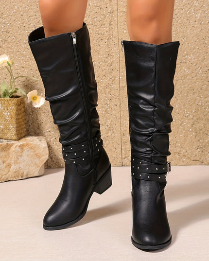 Aveline | Women's Knee High Slouch Boots with Buckle - Black - Image 2