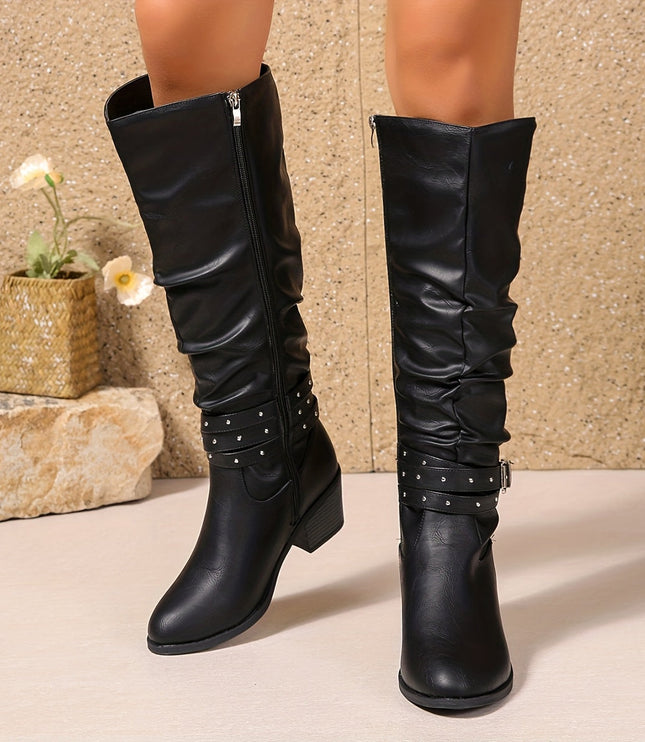 Aveline | Women's Knee High Slouch Boots with Buckle - Black - Image 2