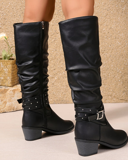 Aveline | Women's Knee High Slouch Boots with Buckle - Black - Image 4