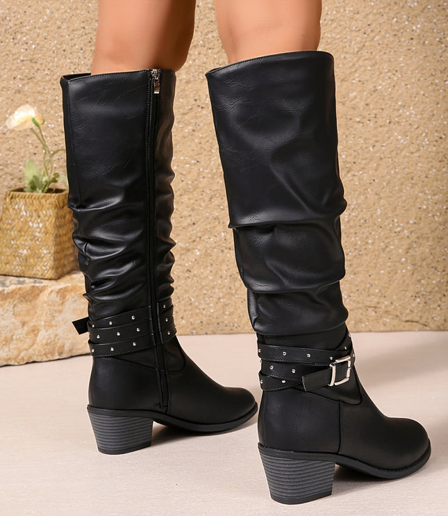 Aveline | Women's Knee High Slouch Boots with Buckle - Black - Image 4