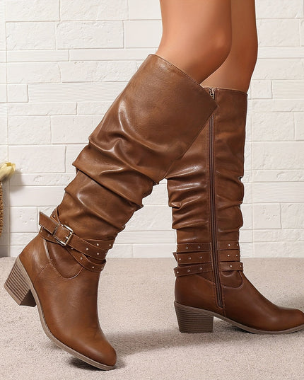 Aveline | Women's Knee High Slouch Boots with Buckle - Black - Image 6